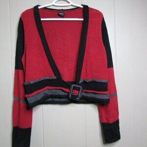 Tribal Cropped Sweater Cardigan M Open Front Red Black Long Sleeve